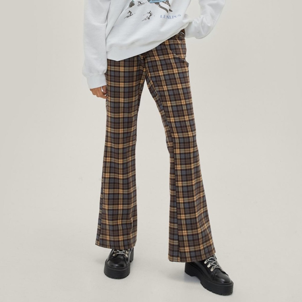 NWT Nasty Gal Tailored Flare Trousers in Blue/Brown Check